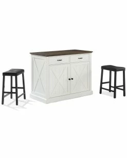 Crosley Furniture Clifton Kitchen Island W/Uph Saddle Stools- Kitchen Island & 2 Stools Home Dining Chairs & Stools