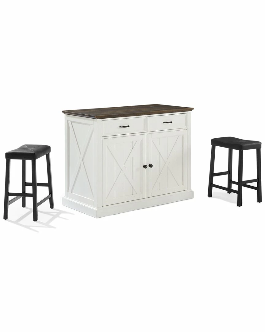 Crosley Furniture Clifton Kitchen Island W/Uph Saddle Stools- Kitchen Island & 2 Stools Home Dining Chairs & Stools