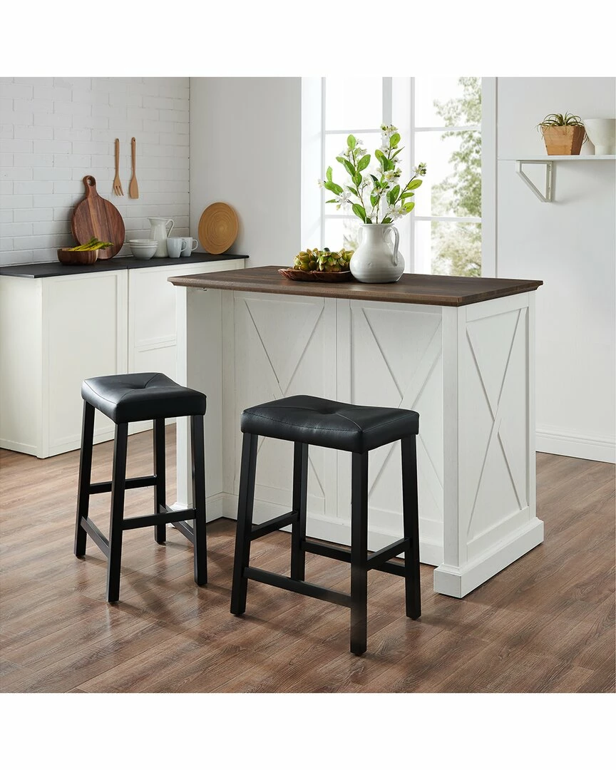 Crosley Furniture Clifton Kitchen Island W/Uph Saddle Stools- Kitchen Island & 2 Stools Home Dining Chairs & Stools - Image 2